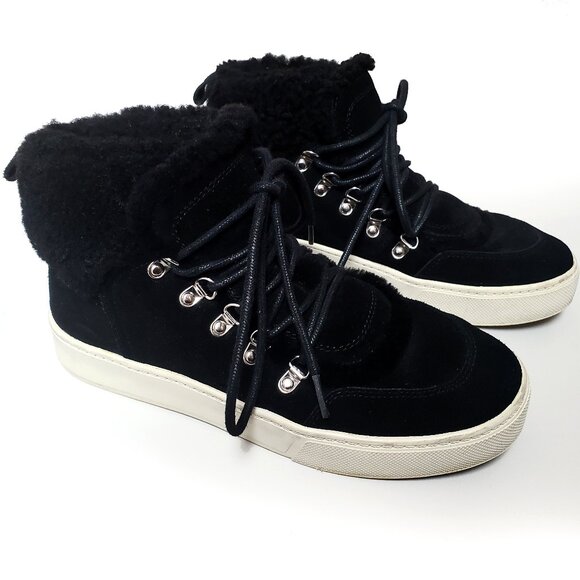 Marc Fisher High Top Sneakers Booties 7.5 Black Suede with Shearling - Picture 1 of 6